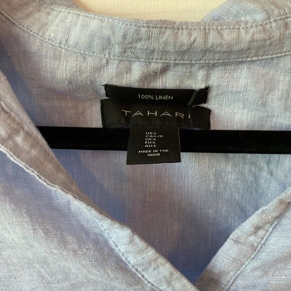 Tahari Women’s Large Linen 3/4 Sleeve Blouse Pullover V Neck Blue - Picture 2 of 11